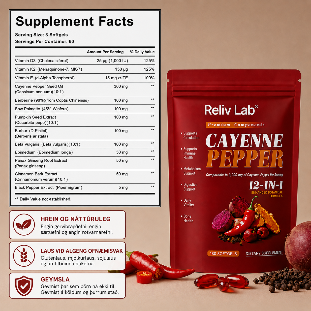 Reliv Lab Cayenne Pepper 12 -in- 1 Softgels